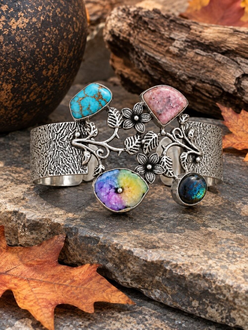 925 Sterling Silver Turquoise Druzy Rhodonite Multi Stone Cuff Bracelet 2.6"